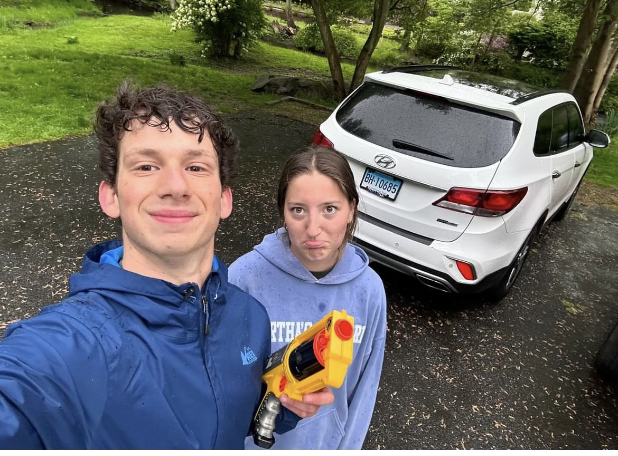 Eitan Eiger ’24 finally got his target, Flora Williams ’24, after camping out in front of her house for 45 minutes before school started. 
