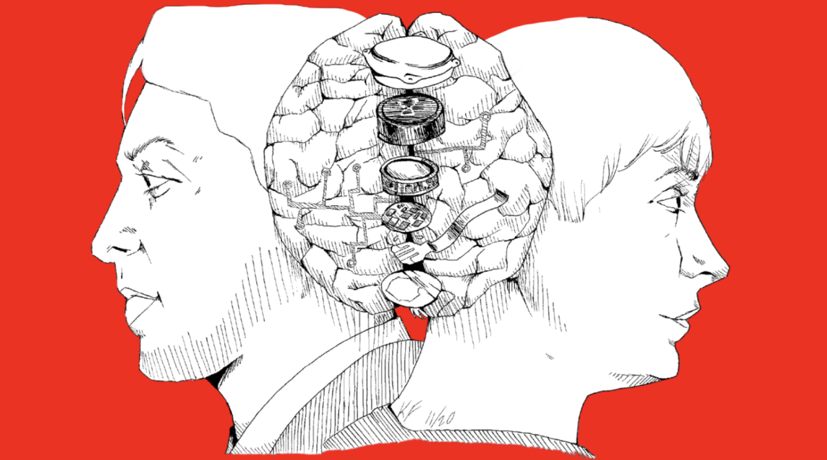An ink pen drawing of Black Mirror actor Domhnall Gleeson (pictured left) and Austin and Ally costar Calum Worthy (pictured right) with a layered diagram of Neuralink implant (center).