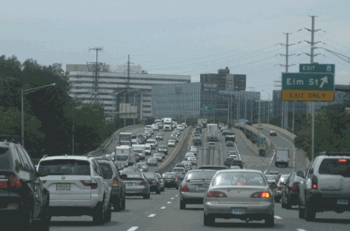 Cars sit in traffic in Connecticut on i-95. 