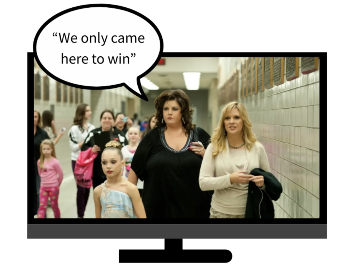 A scene from Dance Moms captures the show’s dramatic portrayal of competitions, with dance teacher Abby Lee Miller telling dancer Maddie Ziegler that they solely “came here to win.” Image from Bustle.