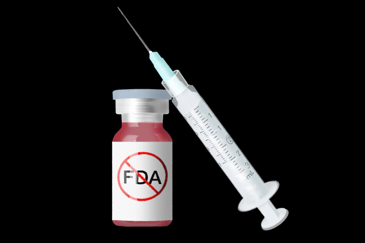 A medical grade needle propped against a vial containing a non-FDA regulated injectable liquid peptide.