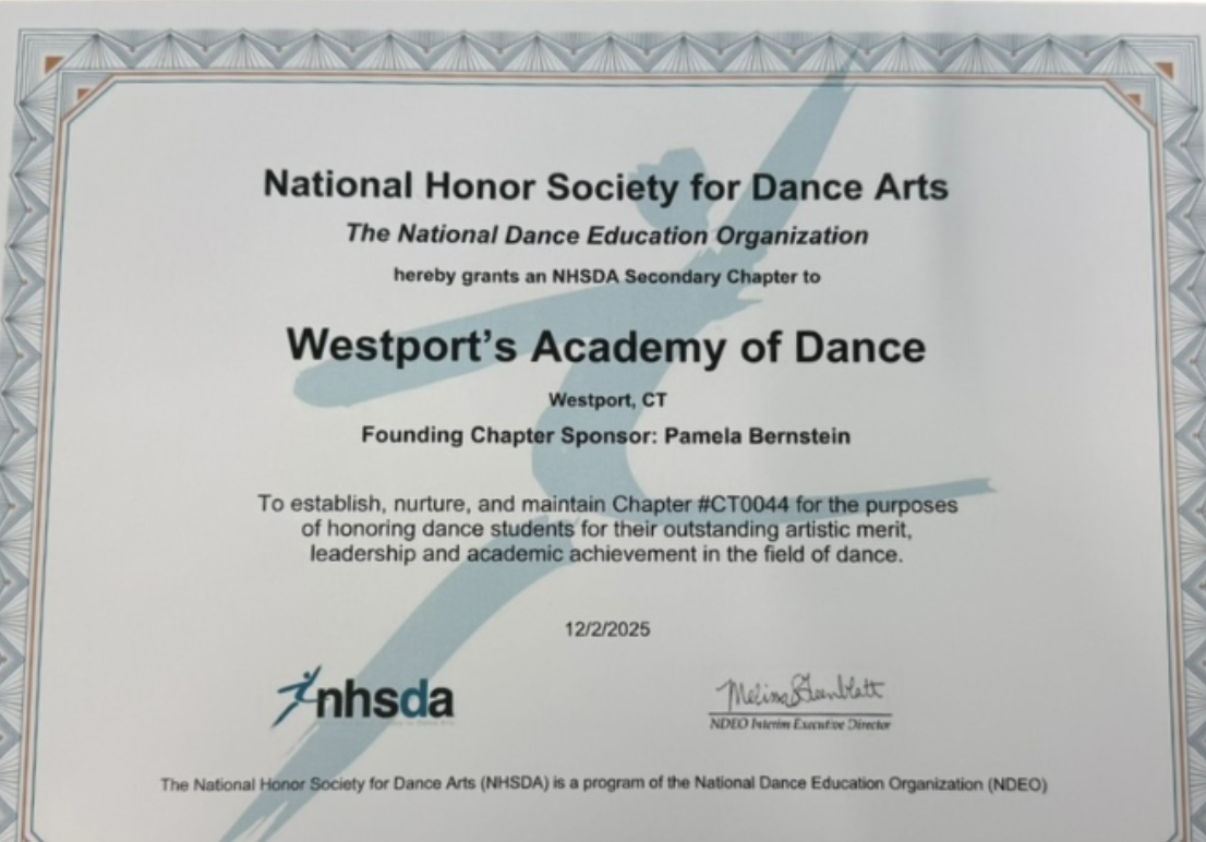 Westport’s Academy of Dance NHSDA Certificate is awarded to accepted dancers.