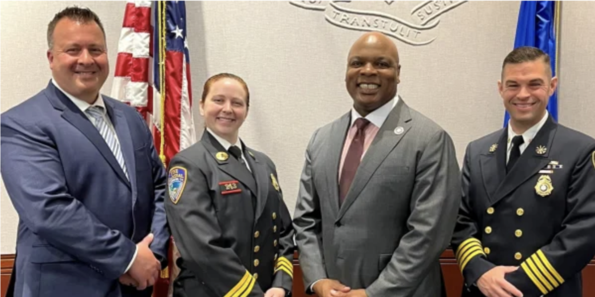 Terrance Dunn (far right) was promoted to state fire prevention control commissioner for Connecticut. Photo by the Westport Journal 